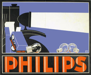 Affiche voor autolampen met het woordbeeld PHILIPS in dikke blokletters, 1927.